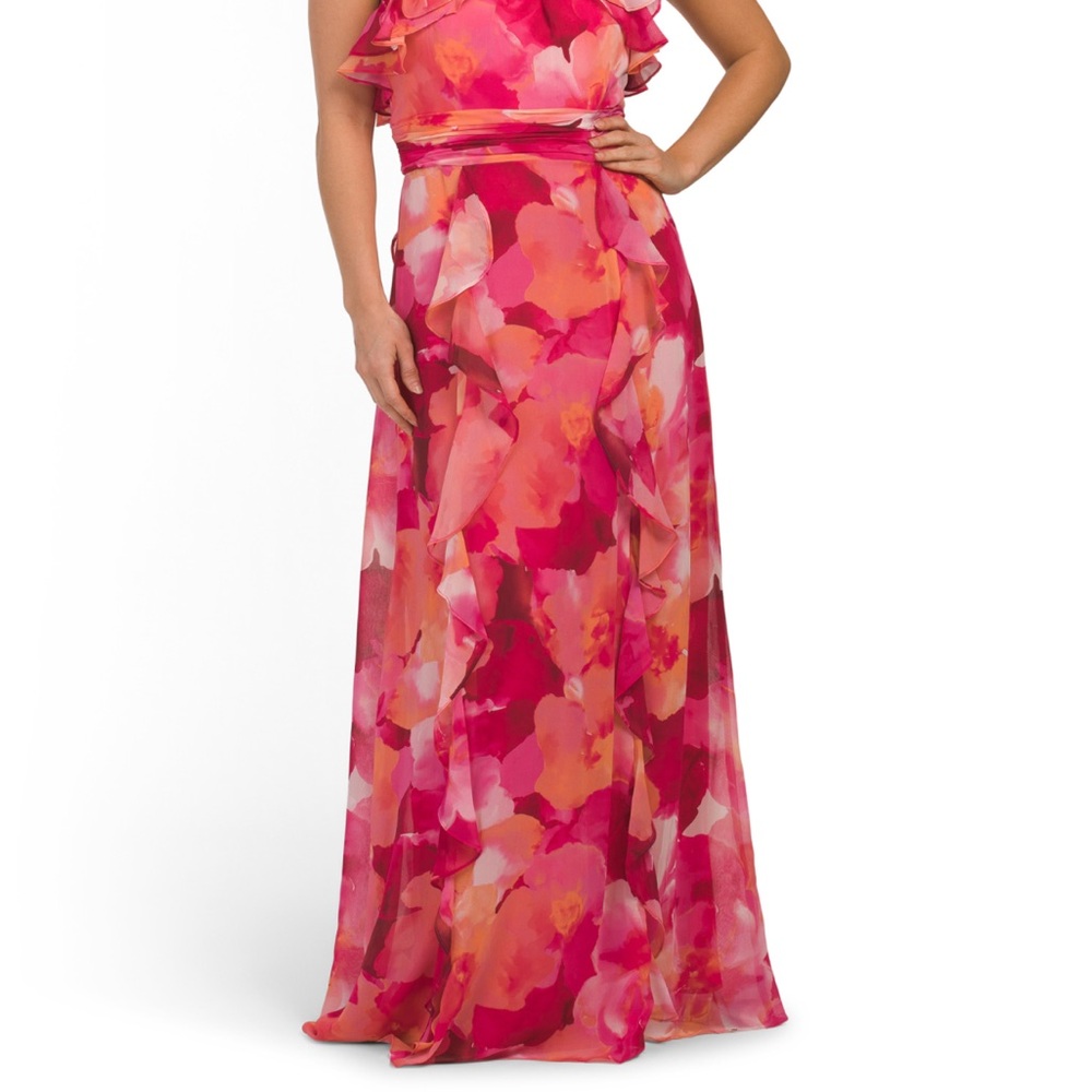 Floral Pink and Orange Ruffled Maxi Dress